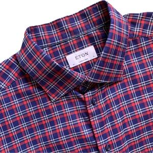 Eton Contemporary Fit Checkered Button Up Long Sleeve Shirt Size 18